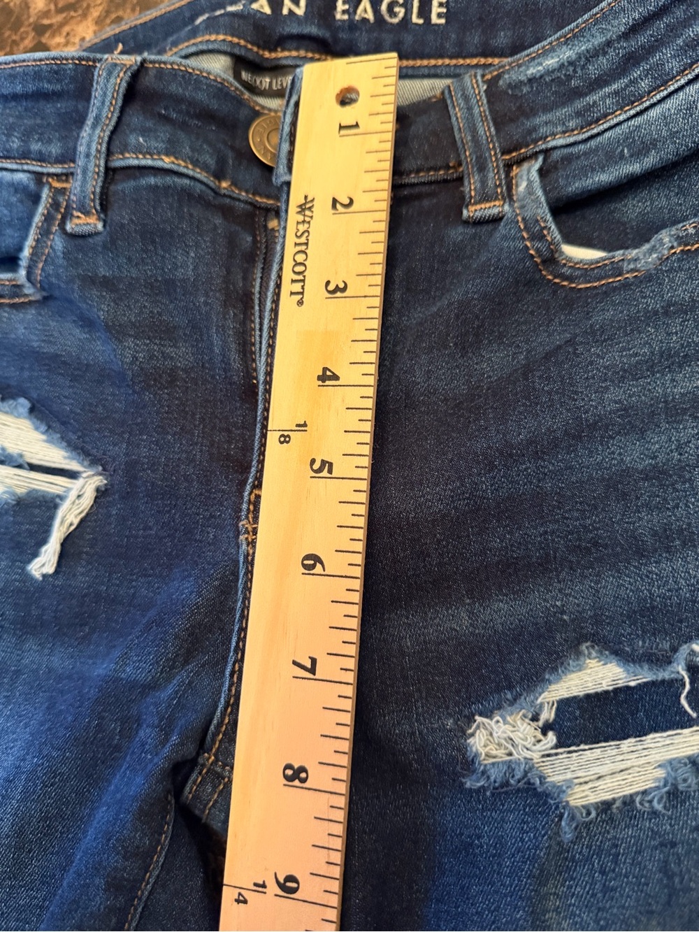 American Eagle Next Level Stretch Distressed Skinny Jeans Dark Wash Frayed He - Picture 4 of 5